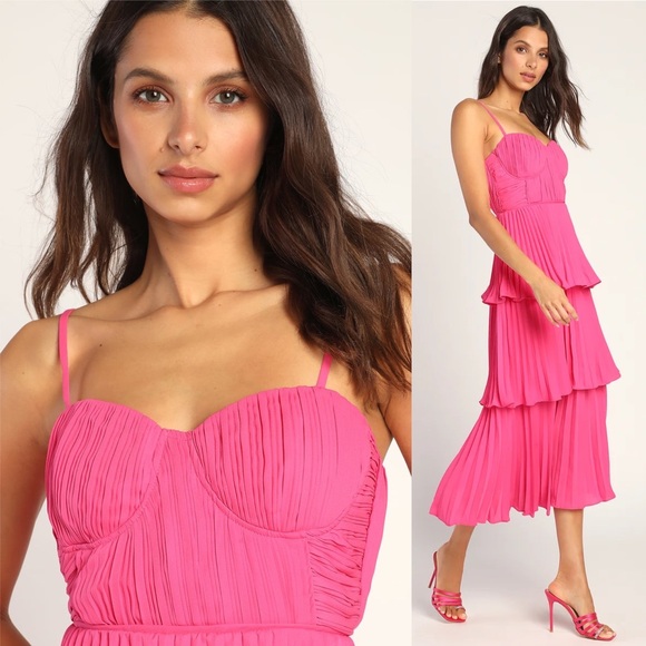 Hot Pink Bustier Pleated Tiered Chiffon Midi Dress 🌿 - Picture 4 of 12